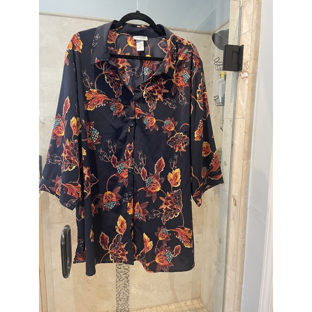 Catherines Blue Orange Floral Button Up Tunic Top 2X 22 24W Boho Blouse